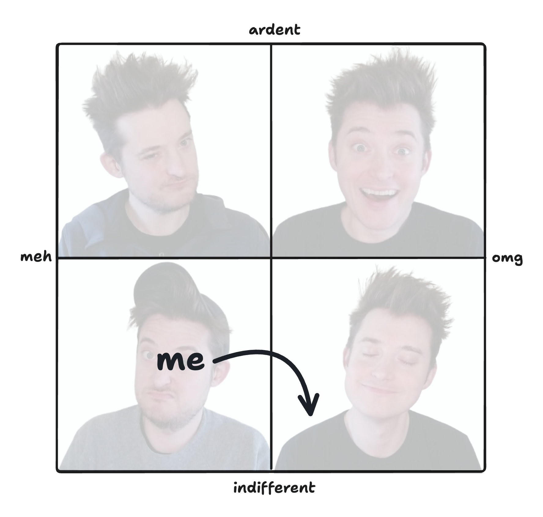 A 2x2 grid labeled meh/omg on one axis and indifferent/ardent on the other, with markers placed in each quadrant