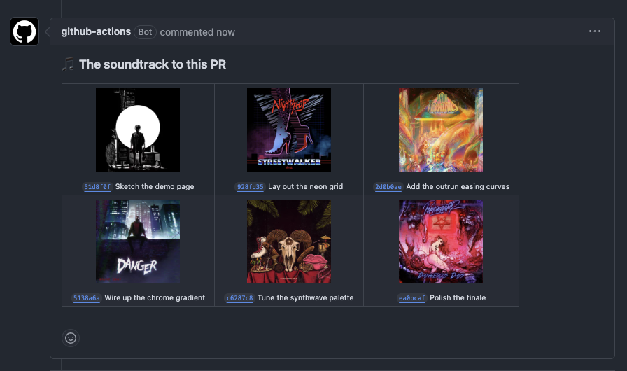 A GitHub pull-request comment titled "The soundtrack to this PR" showing a grid of album covers, one per commit, each captioned with its commit message