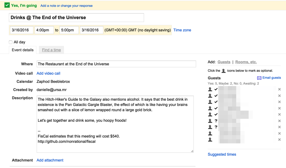 A Google Calendar event with a dollar-cost line appended to the description showing the estimated cost of the meeting
