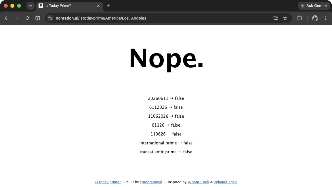A browser screenshot of the istodayprime site, a giant "Nope." over a list of date formats each marked false