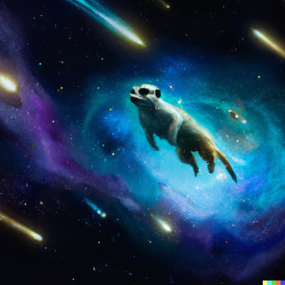 A DALL·E-generated meerkat drifting through a blue and purple nebula streaked with comets