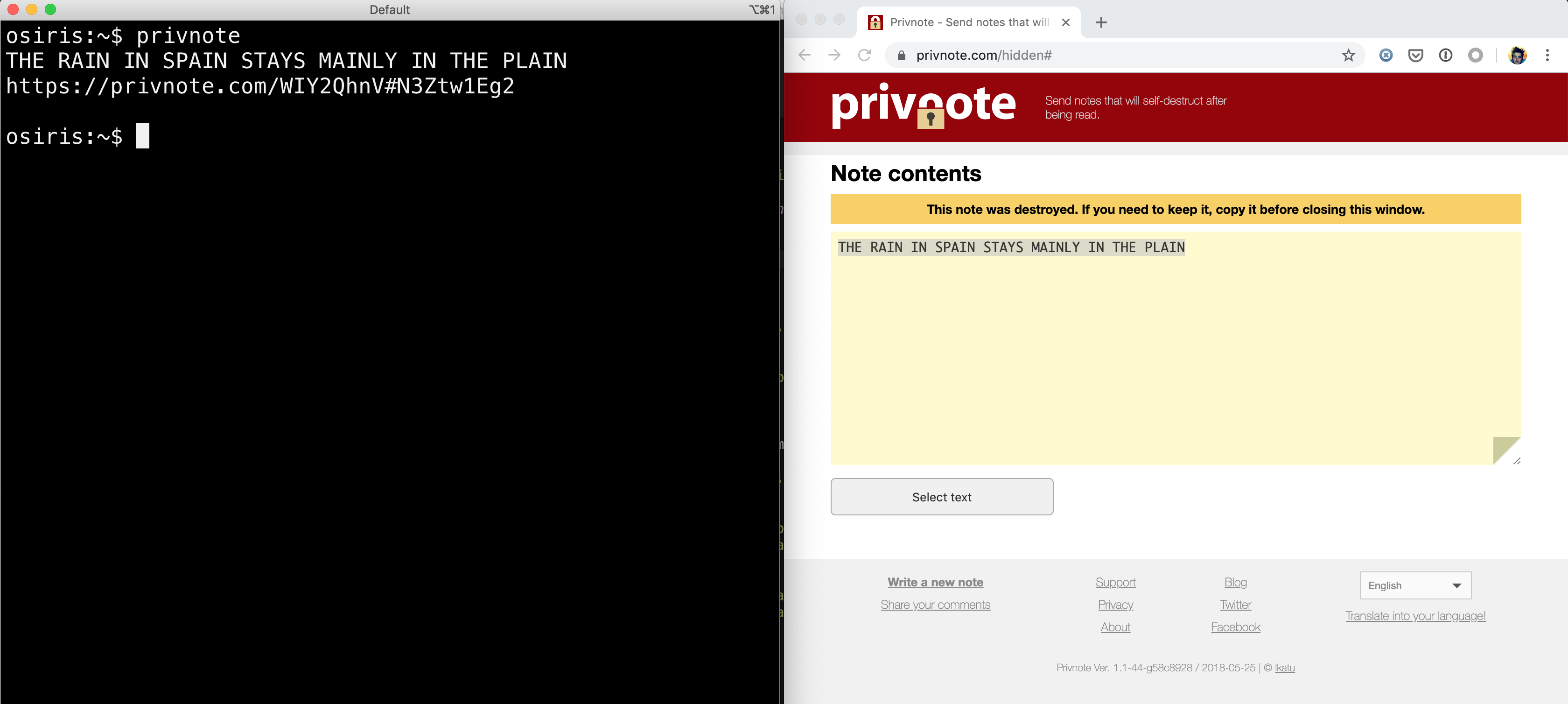 A terminal showing privnote-cli generating an encrypted self-destruct note URL