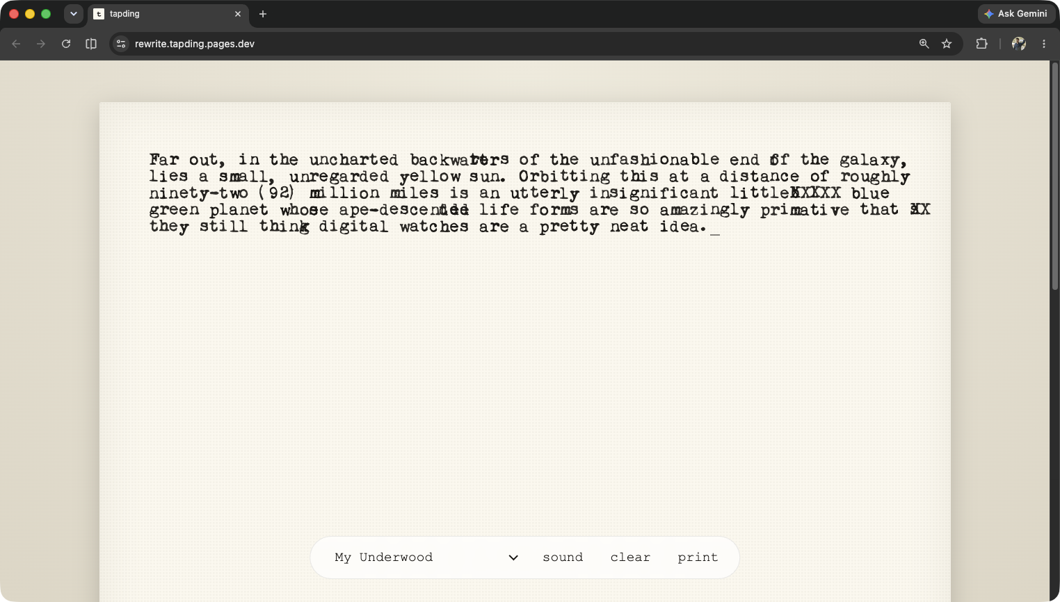 A browser textarea styled like a typewriter, with the tapding interface above it